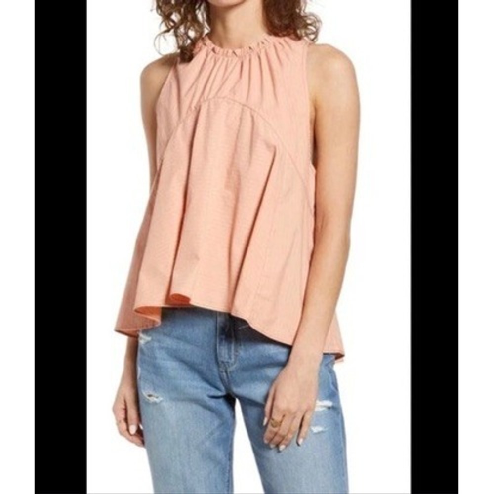Free People Peach Striped Ruffle Neck Swing Tank Top Sleeveless Boho Blouse S